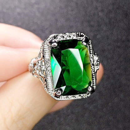 New Pigeon Blood Imitation Ruby Ring Hollow Pattern Square Imitation Emerald Tourmaline Ring