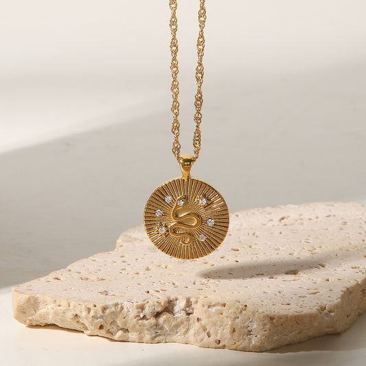 Golden Radial Texture Snake Totem Pendant Necklace