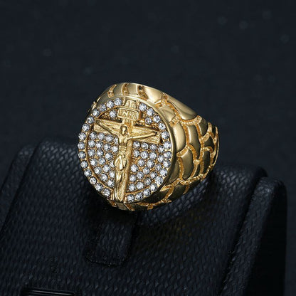 Hip Hop Ring Titanium Steel Vacuum Gold-plated Synthetic Cubic Zirconia Cross Men's Ring