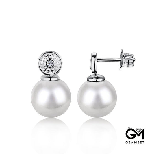 S925 Silver Round Zircon Single Large Pearl Earring