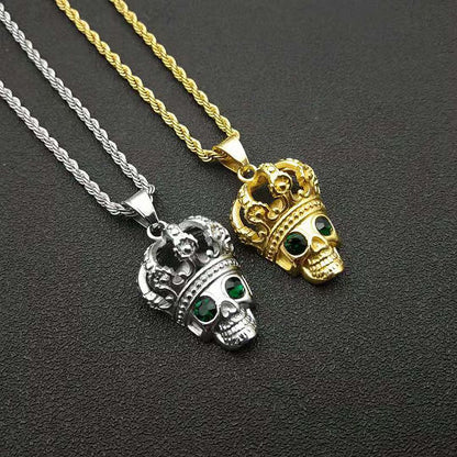 Gold Plated Crown Green Eyes Zircon Skull Undead Pendant