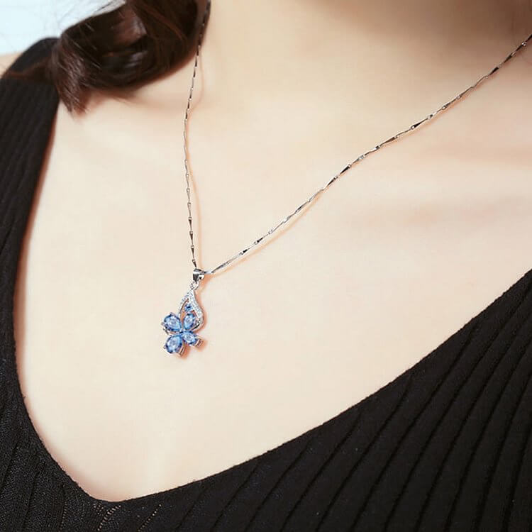 Blue Topaz Drop Clover Lucky Necklace