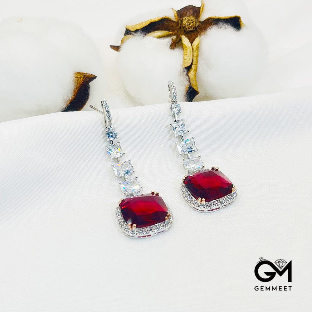 Square Red Stone Drop Earrings