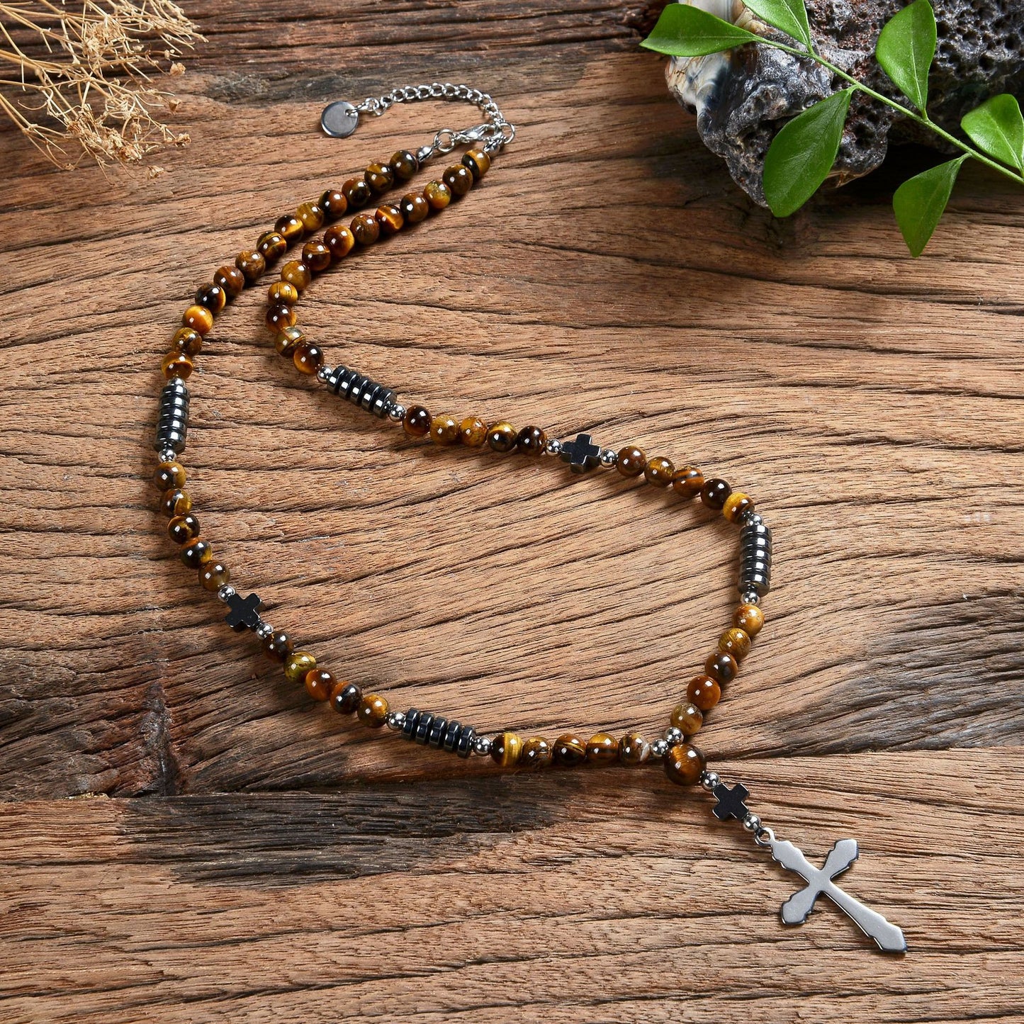 Bohemia New Stainless Steel Cross Tiger Eye Necklace