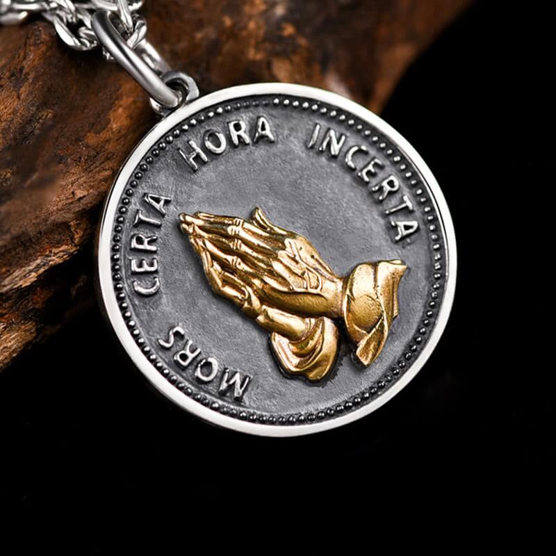 "Faith's Embrace" Men's Prayer Hand Metal Coin Necklace