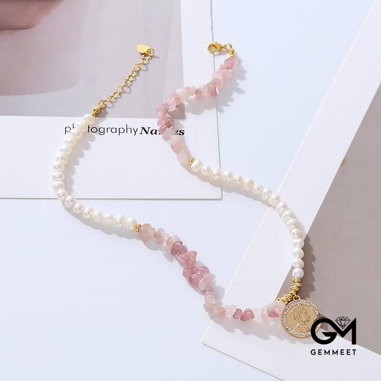 Irregular Strawberry Quartz Pearl Metal Sheet Pendant Necklace