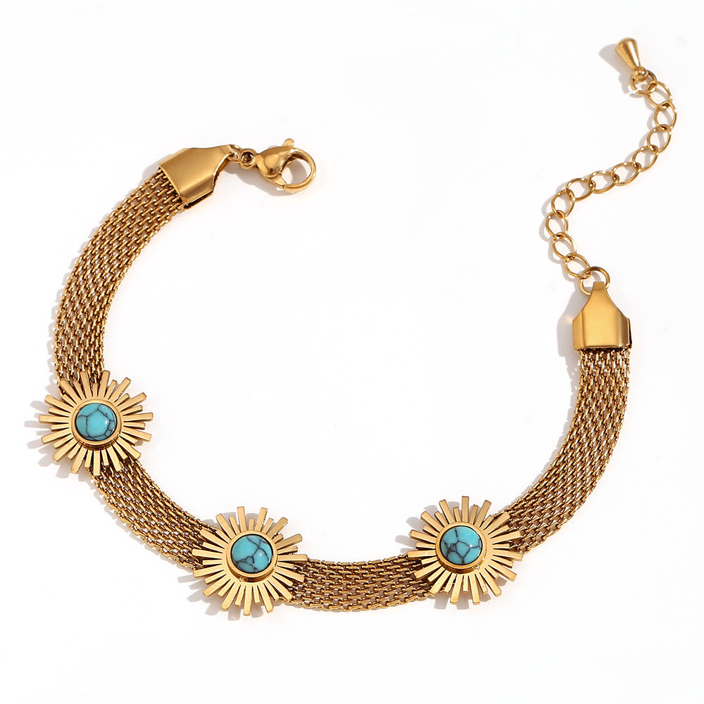 Gold Plated Greenstone Sunflower Woven Bracelet