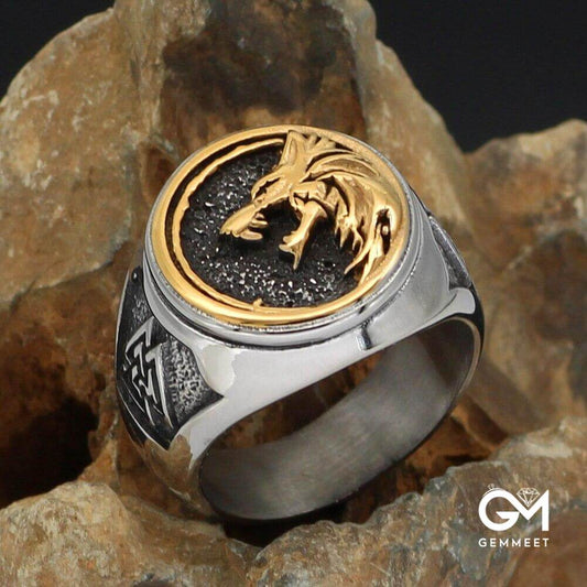 Gold Trimmed Fenrir Wolf Ring