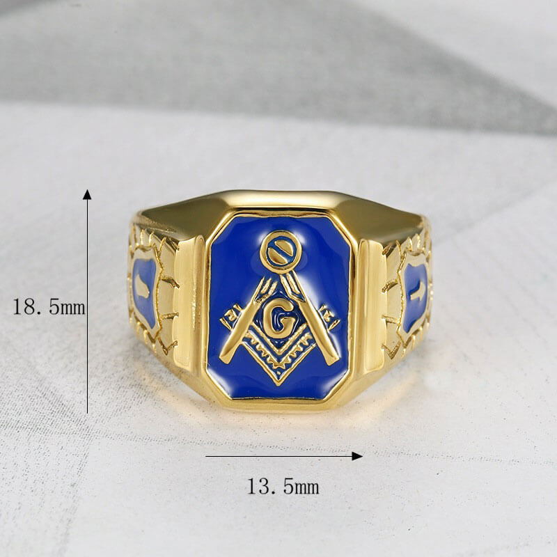 HIPHOP Jewelry Titanium Steel Gold-plated Blue Glue Masonic AG Men's Ring