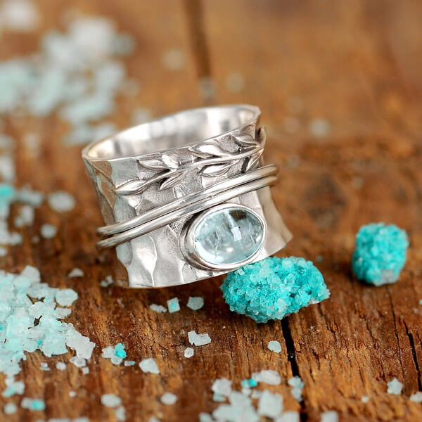 Boho Aquamarine Leaf Ring