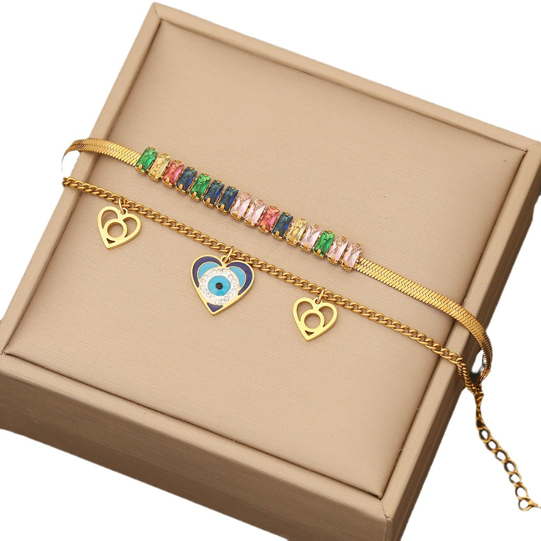 Heart Evil Eye Color Stones Bracelet Necklace & Earrings