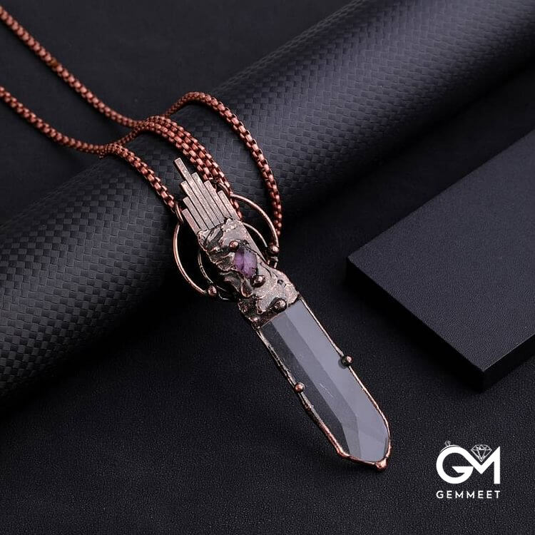 Clear Crystal Copper Vintage Sword Pendant Gemstone Necklace