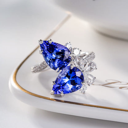 New Temperament Light Luxury Double Diamond Tanzanite Blue Water Drop Pear-shaped Simulation Sapphire Color Treasure Ring