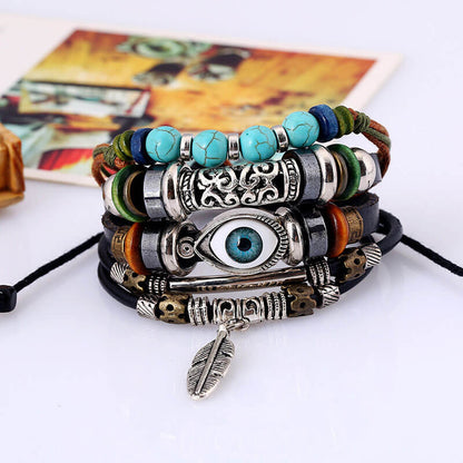 Beaded Multilayer Blue Eye Leather Ethnic Feather Bracelet