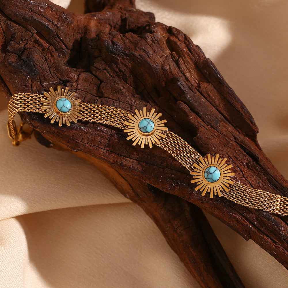 Gold Plated Greenstone Sunflower Woven Bracelet