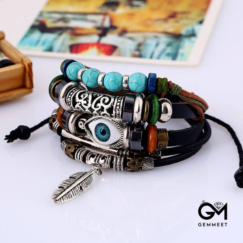 Beaded Multilayer Blue Eye Leather Ethnic Feather Bracelet