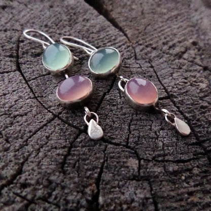 Pink And Green Cat's Eye Stone Witch Earrings