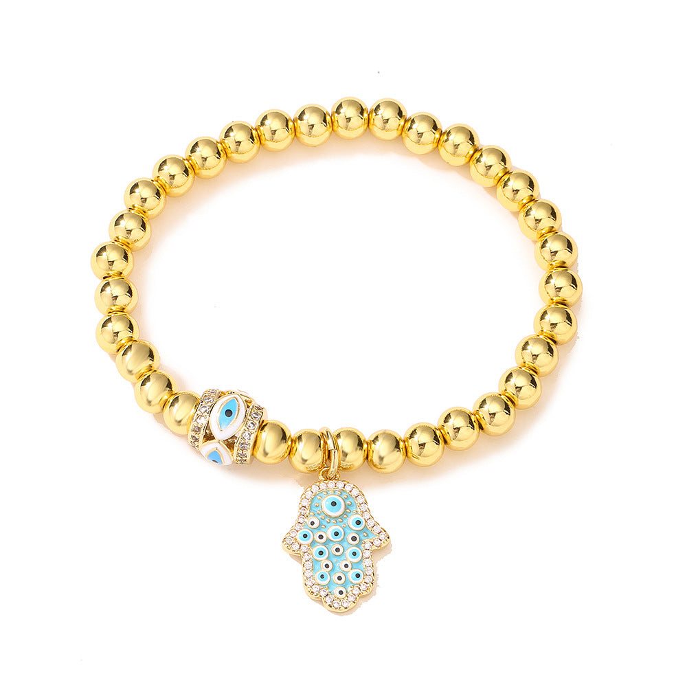 Halo Hamsa Pendant Golden Bead Bracelet