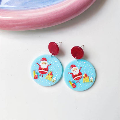 Christmas Vintage Embossed Print Holiday Acrylic Earrings Elk Snowman Christmas Tree