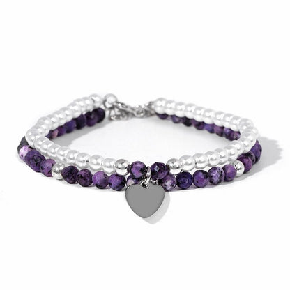 Faceted Stone Pearl Heart Charm Double Layer Bracelet