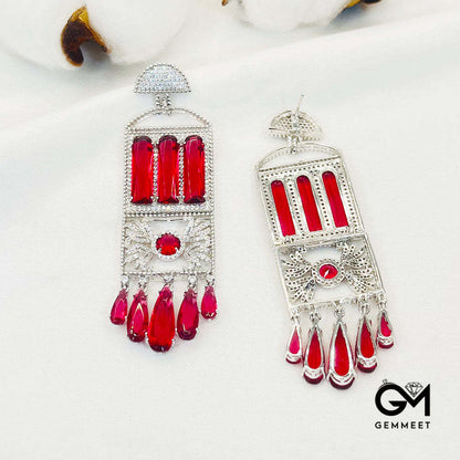 Hollow Rectangular Red Stone Tassel Drop Earrings