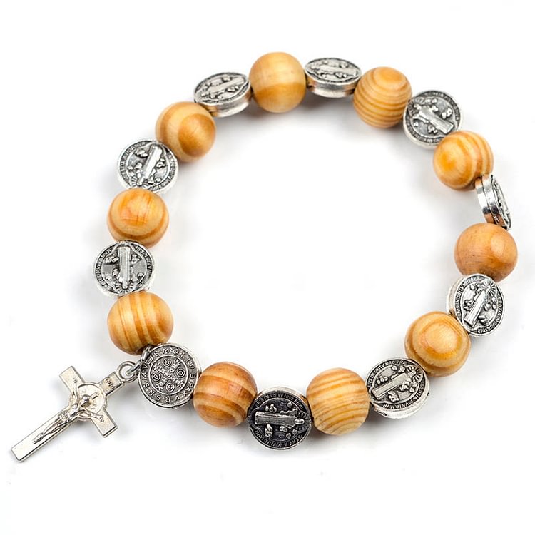 Natural Wood Stretch Cord Alloy Cross Rosary Bracelet