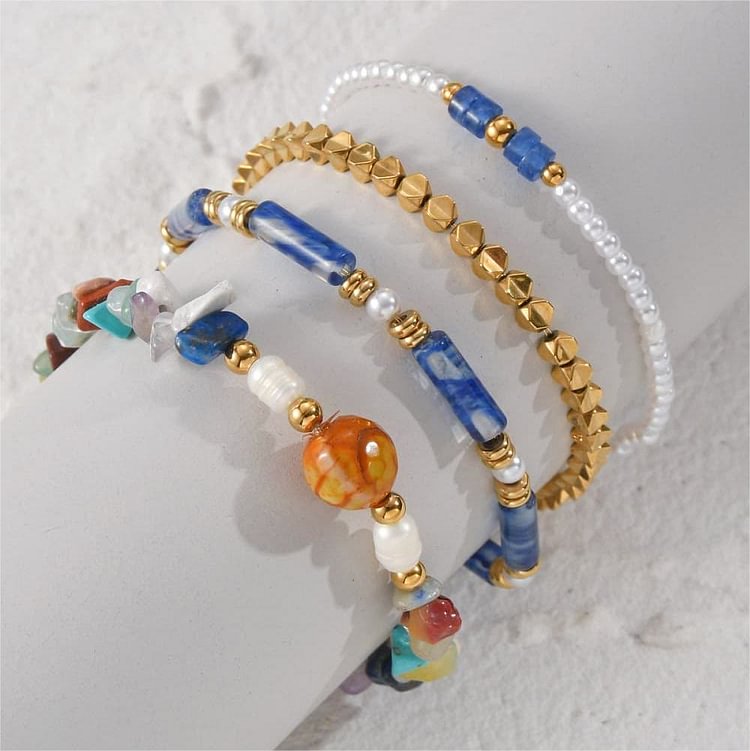 Natural Crystal Four Piece Beaded Bracelet Set