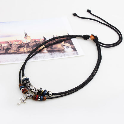 Men Leather Double Layered Braided Beaded Cross Necklace