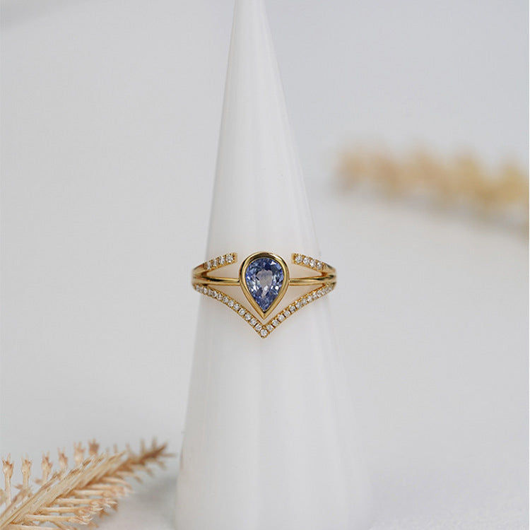 Pear Shape Blue Sapphire French Vintage Blue V-Shaped Multi-Layered Adjustable Ring