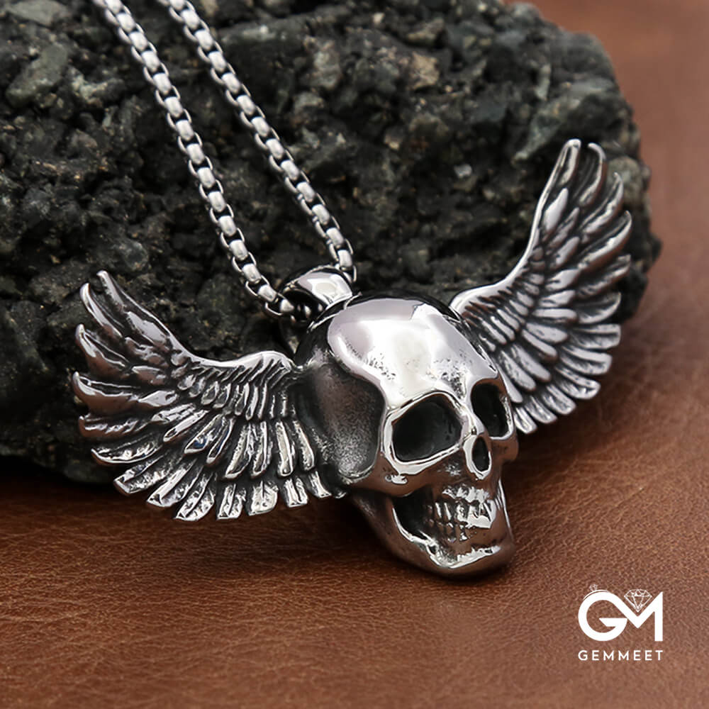 Stainless Steel Feathered Skull Necklace