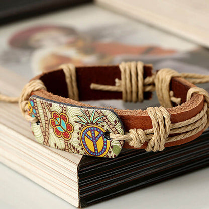 Hemp Rope Braided Cowhide Vintage Style Heat Transfer Peace Logo Leather Bracelet