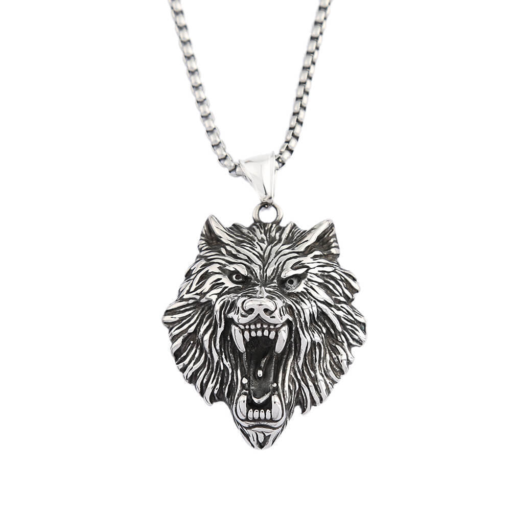 Stainless Steel Viking Wolf Head Hip Hop Necklace