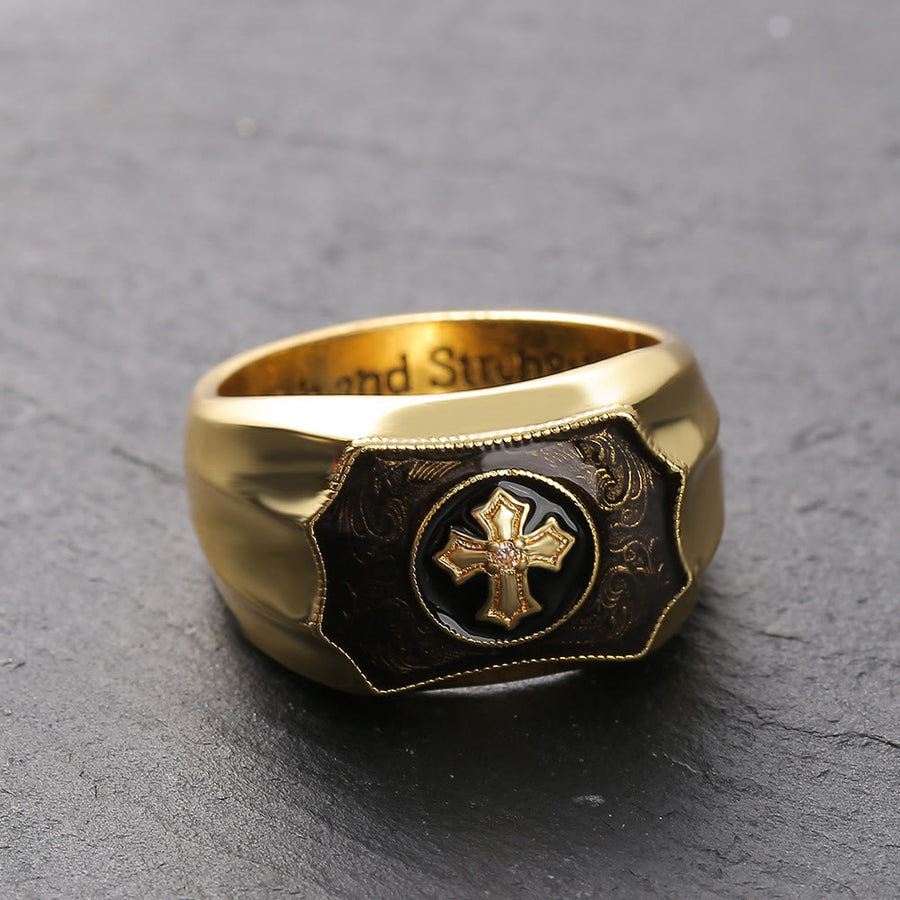 Golden Cross Black Onyx Carved Men Ring