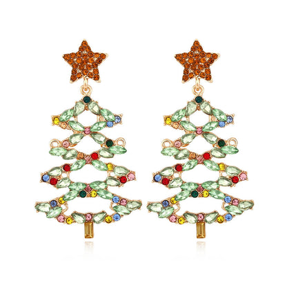 Christmas Exaggerated Creative Hollow Alloy Full Inlaid Zircon Christmas Tree Earrings Retro Colored Diamond Earrings