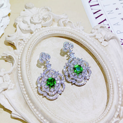 Flower Fairy Earrings Micro-studded Diamond Retro Court Style Emerald Long Earrings