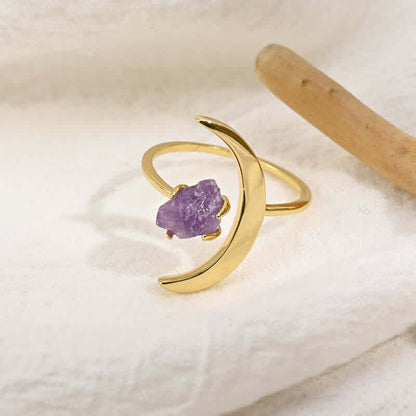 Star And Moon Amethyst Healing Adjustable Ring