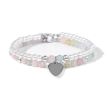 Faceted Stone Pearl Heart Charm Double Layer Bracelet