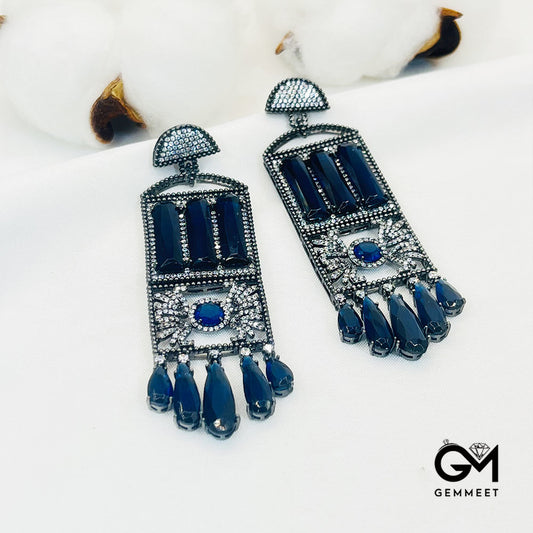 Hollow Rectangular Blue Stone Tassel Drop Earrings