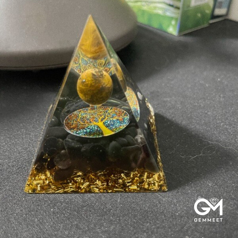 Tiger Eye Sphere & Obsidian Protection Orgone Pyramid