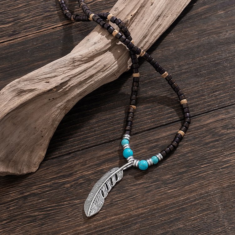 Turquoise Wooden Bead Feather Pendant Bohemian Necklace