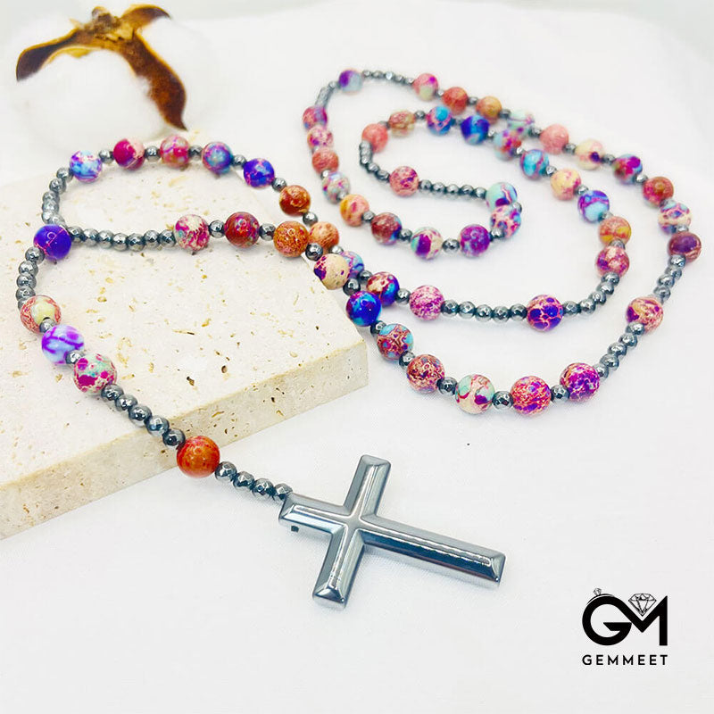 Purple Emperor Stone Cross Pandant Rosary Necklace