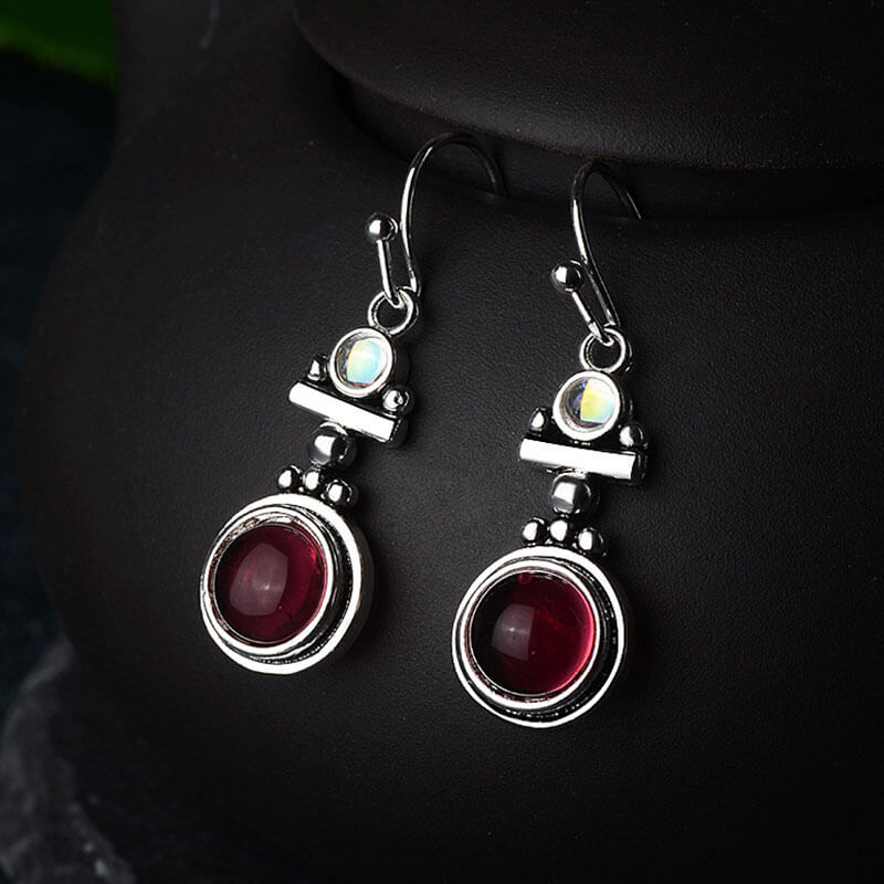 Retro Moonstone & Ruby Dangle Earrings