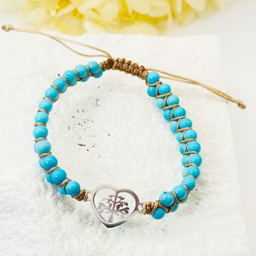 Turquoise Peach Heart Tree Of Life Palms Hand-Woven Bracelet