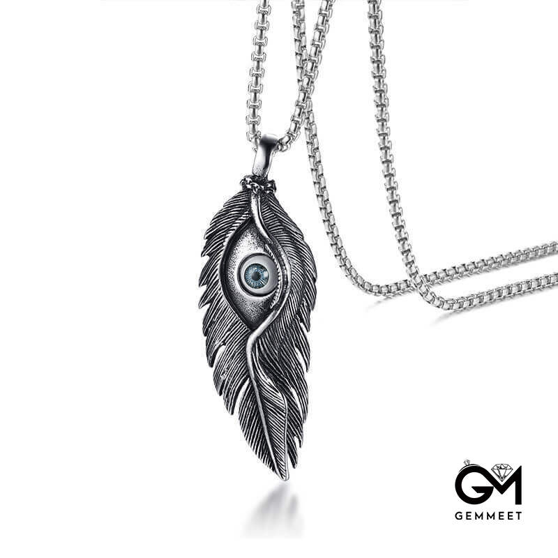 Stainless Steel Eye Feather Pendant Necklace