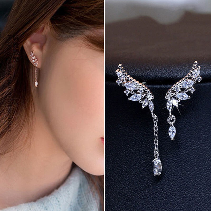 Angel Wings Diamond Asymmetrical Tassel Stud Earrings Women's Long Earrings