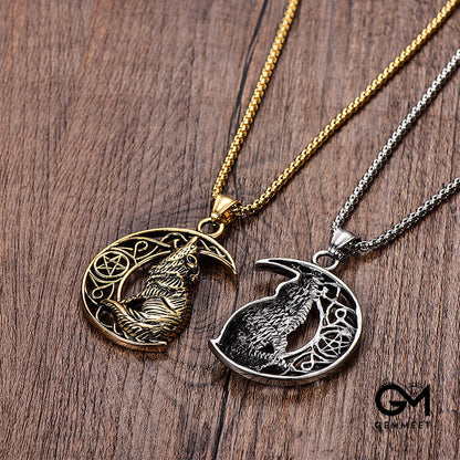 Stainless Steel Moon on The Wolf Pendant Necklace