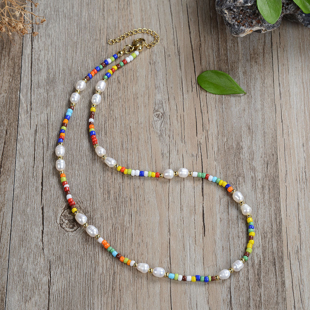 Stained Glass Bead Pearl Necklace