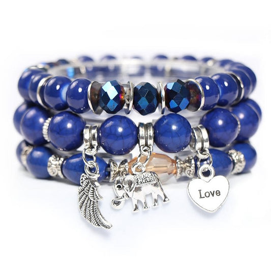 Elephant Wings Heart Pendant Sodalite Beaded Bracelet Set