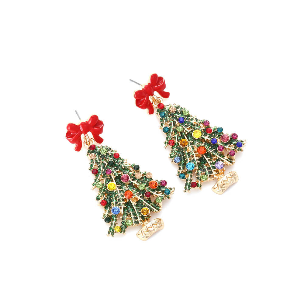 Christmas Earrings Alloy Drip Oil Bow Knot Christmas Tree Inlaid Color Zircon Earrings