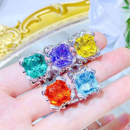 Light Luxury Topaz Blue Ring Large Carat Imitation Emerald Amethyst Yellow Diamond Colorful Treasure Bow Open Ring